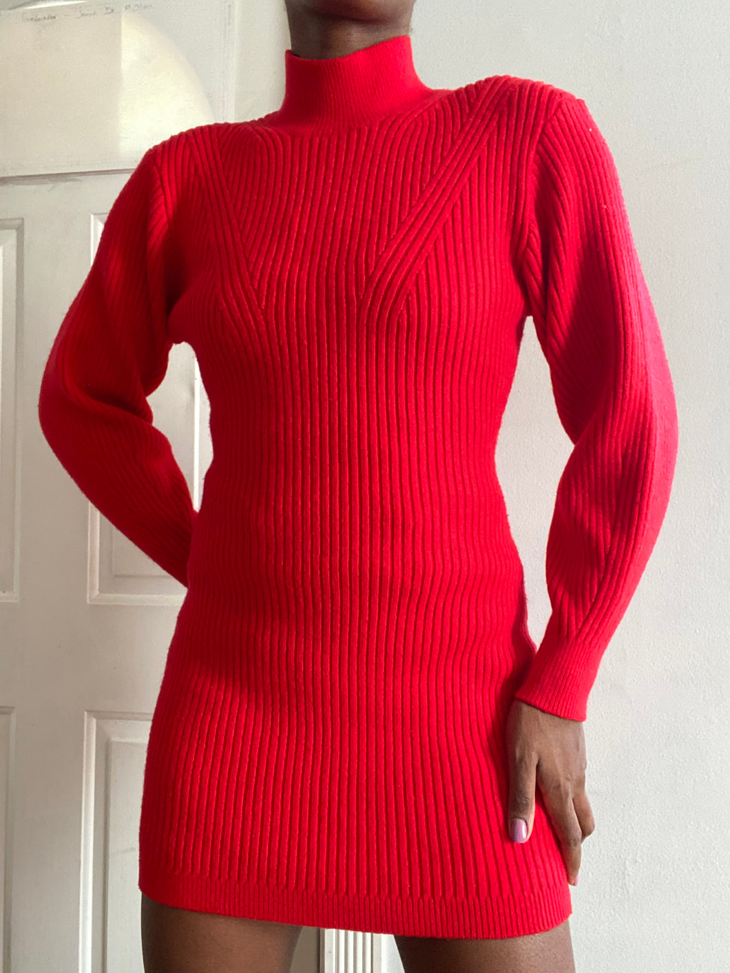 Red Hot Ribbed Knit Mini Sweater Dress(S)