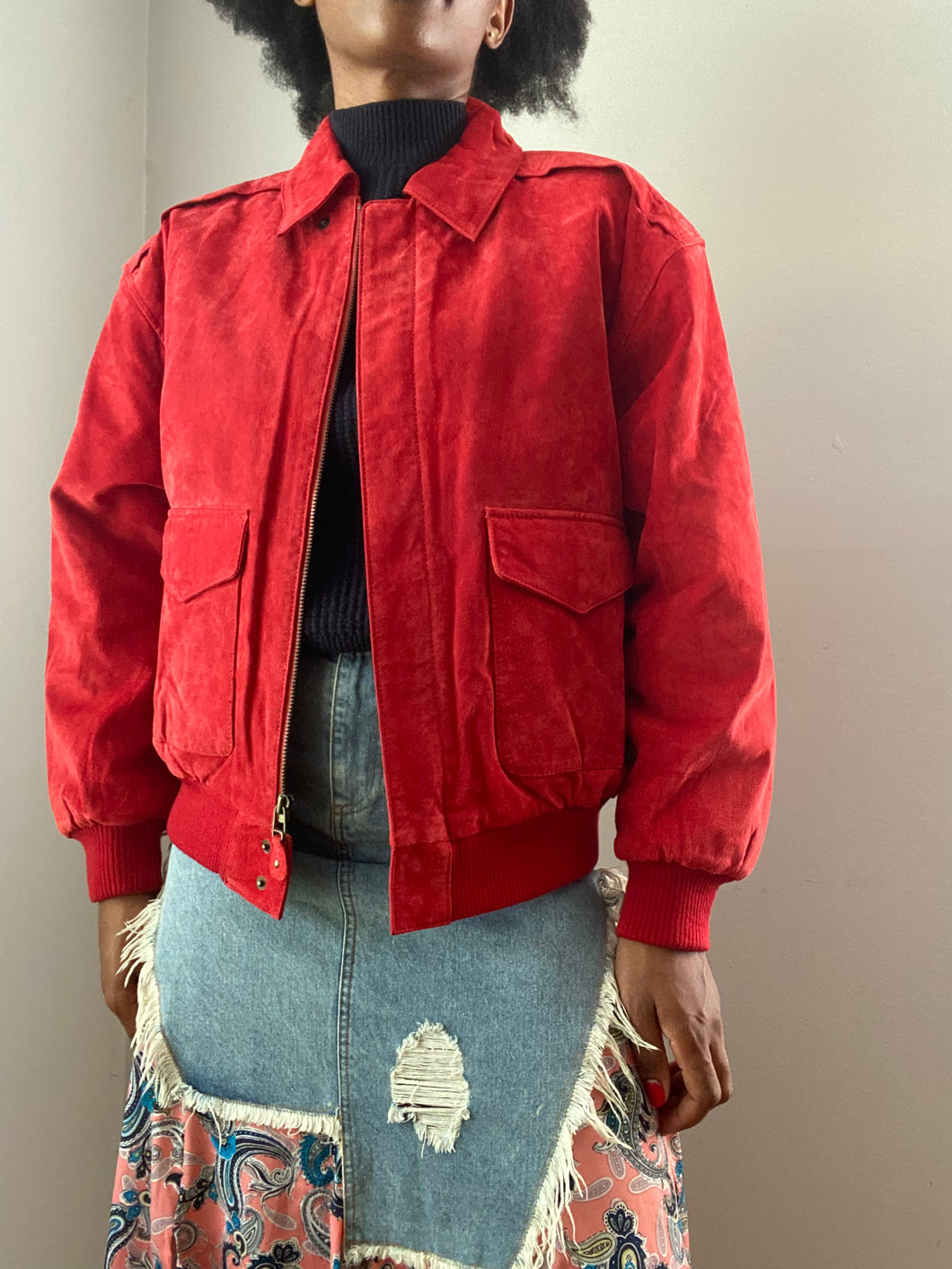 Vintage Red Suede Bomber Jacket (M)
