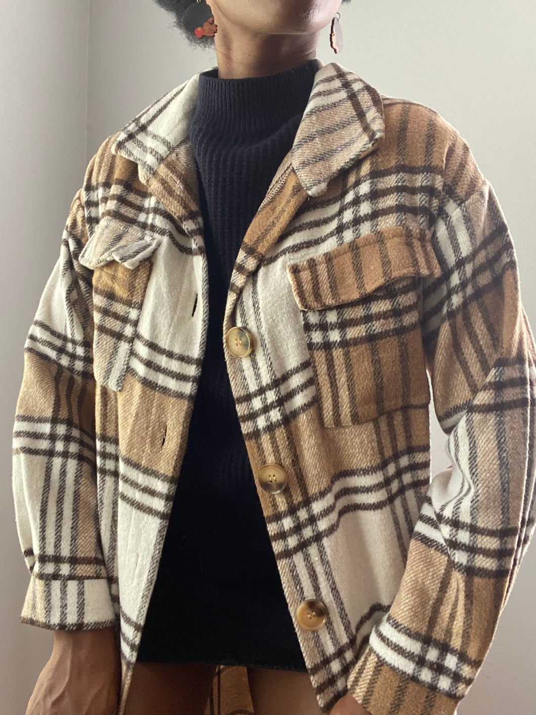 Brown Plaid Soft Fleece Shacket Jacket(XL)