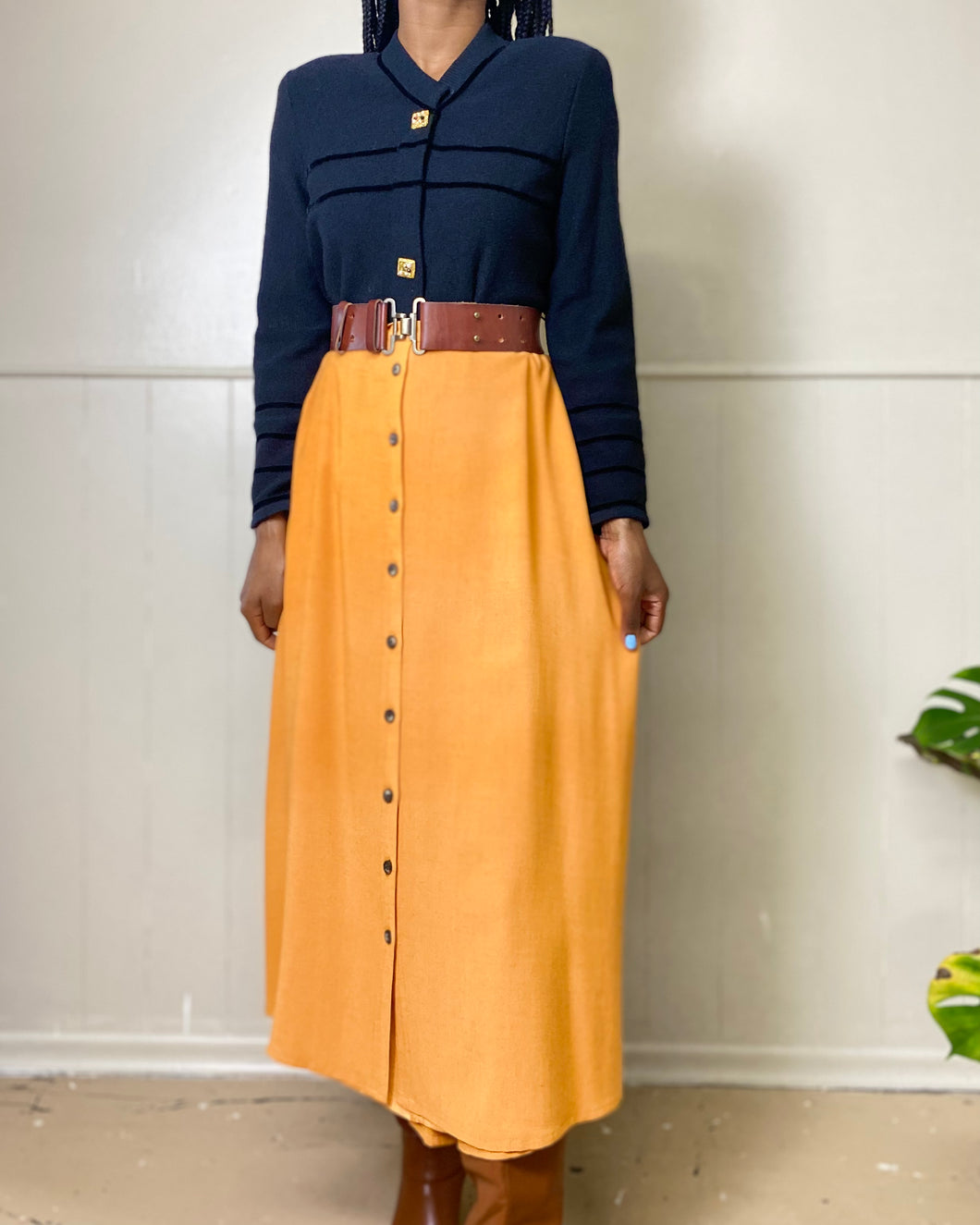 Orange Maxi Linen Blend Button Down Skirt(L)