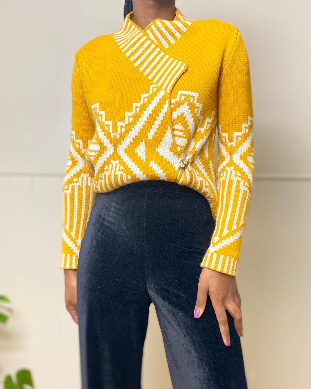 Yellow Knit Open Front Sweater(M)