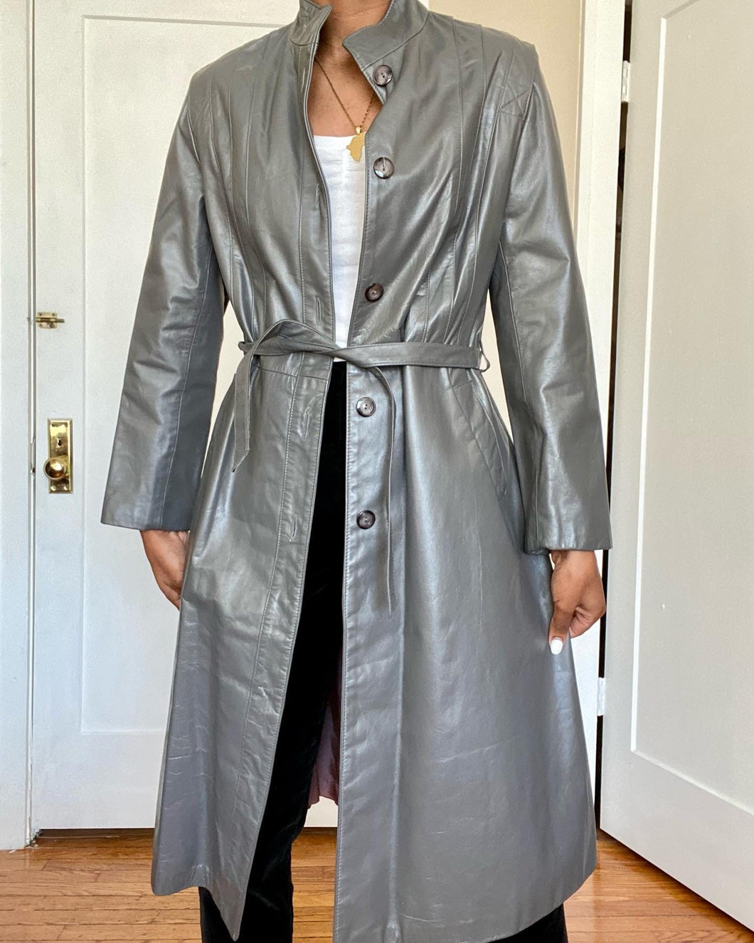 Vintage Gray Long Genuine Leather Trench Jacket(M)