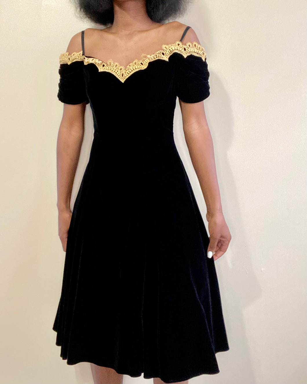 Vintage Velvet Black Gold Neck Off-Shoulder Dress