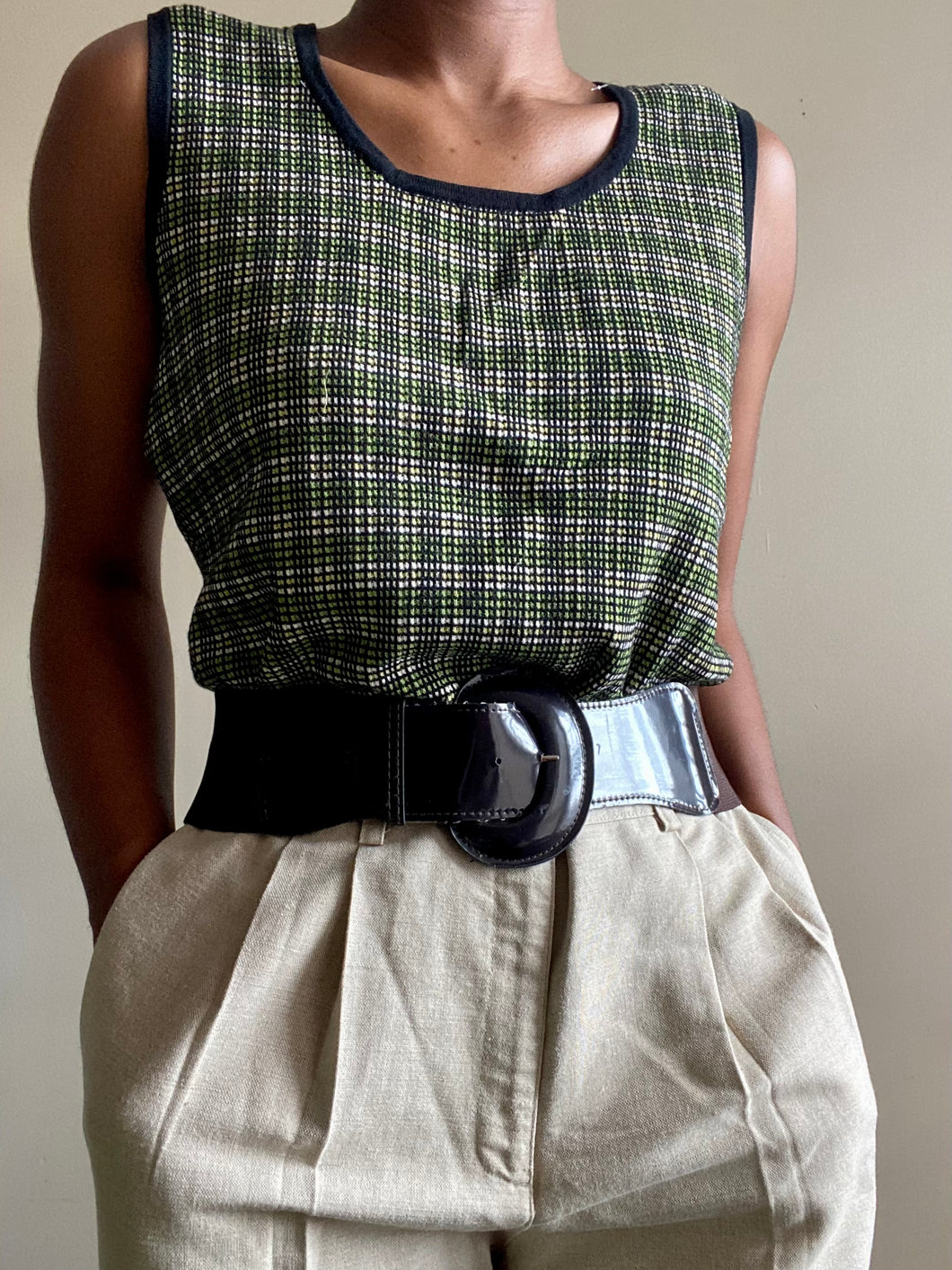 Vintage Checkered Green Knit Sleeveless Sweater