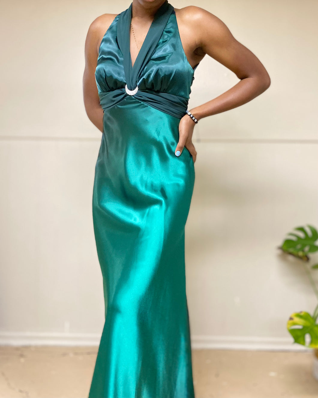 Vintage Emerald Green Cocktail Maxi Gown Dress(L)