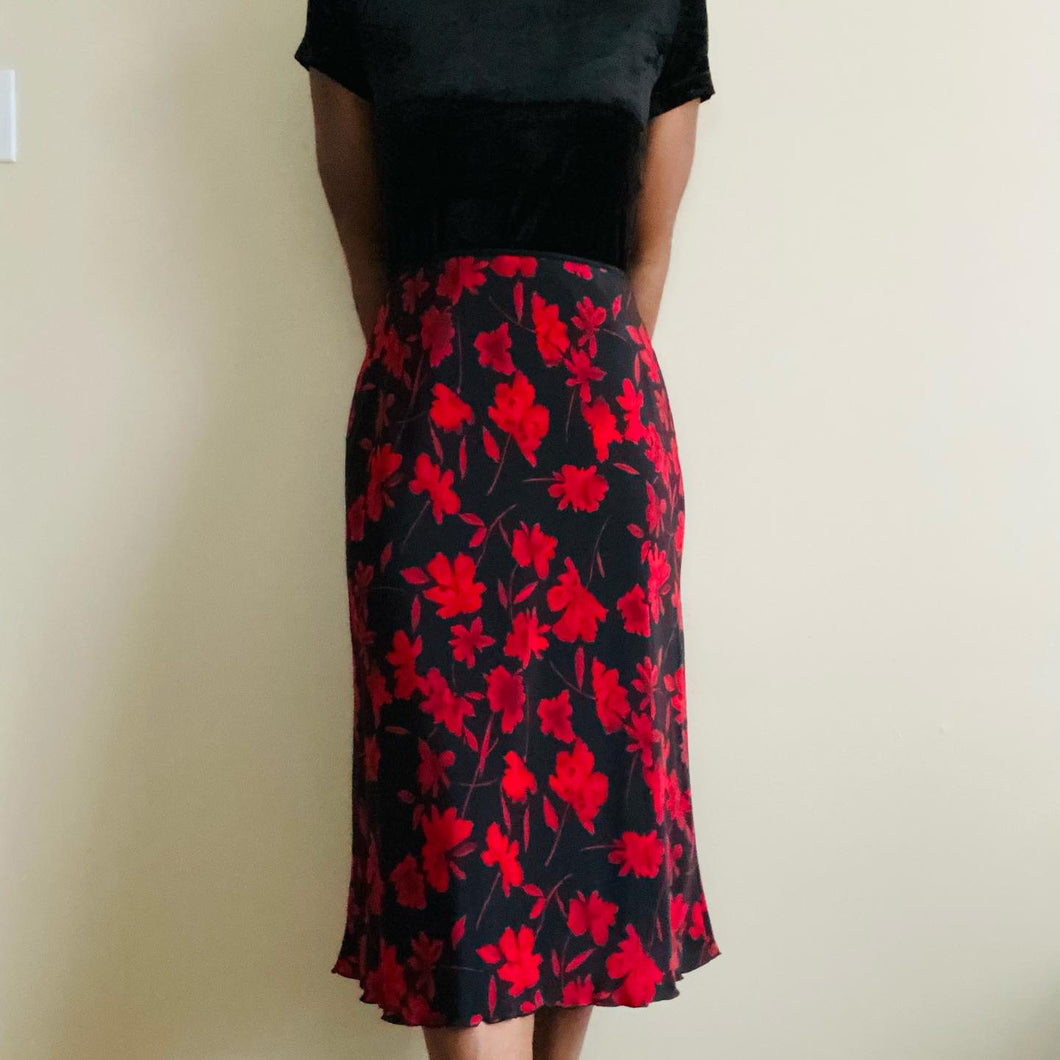 Vintage Red Black Floral Leaf Skirt(M)