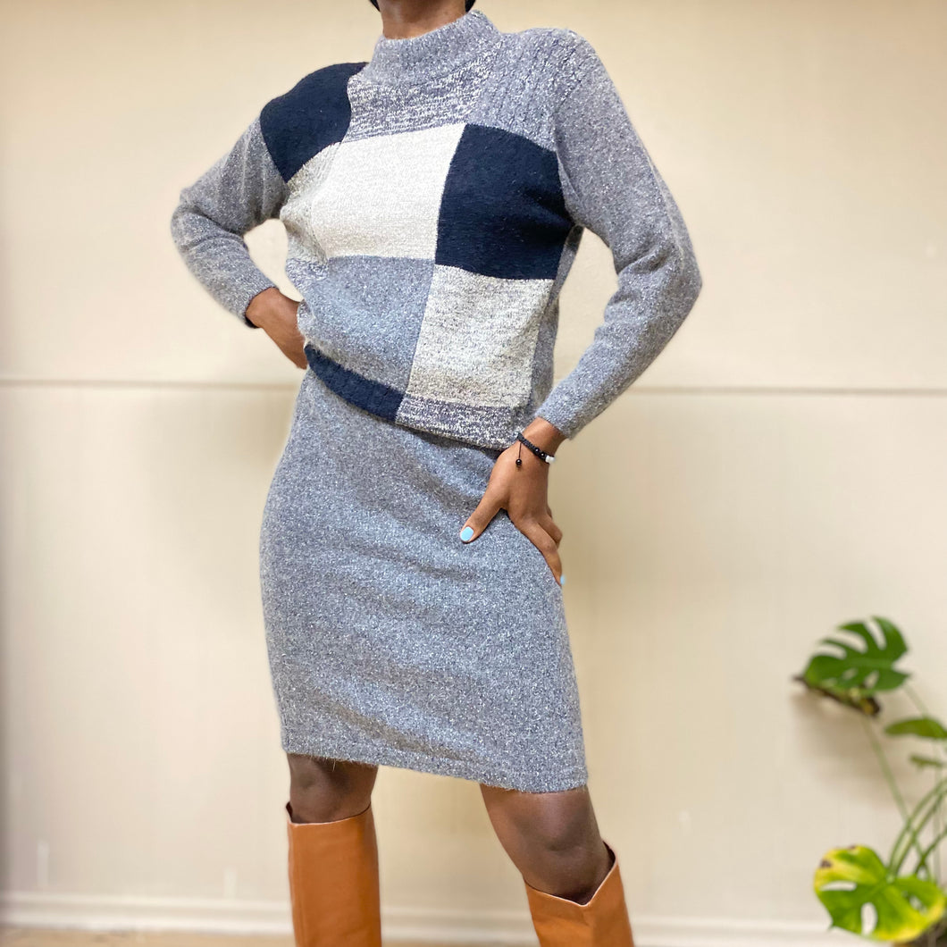 Silk Angora Grey Sweater Skirt Set (M)