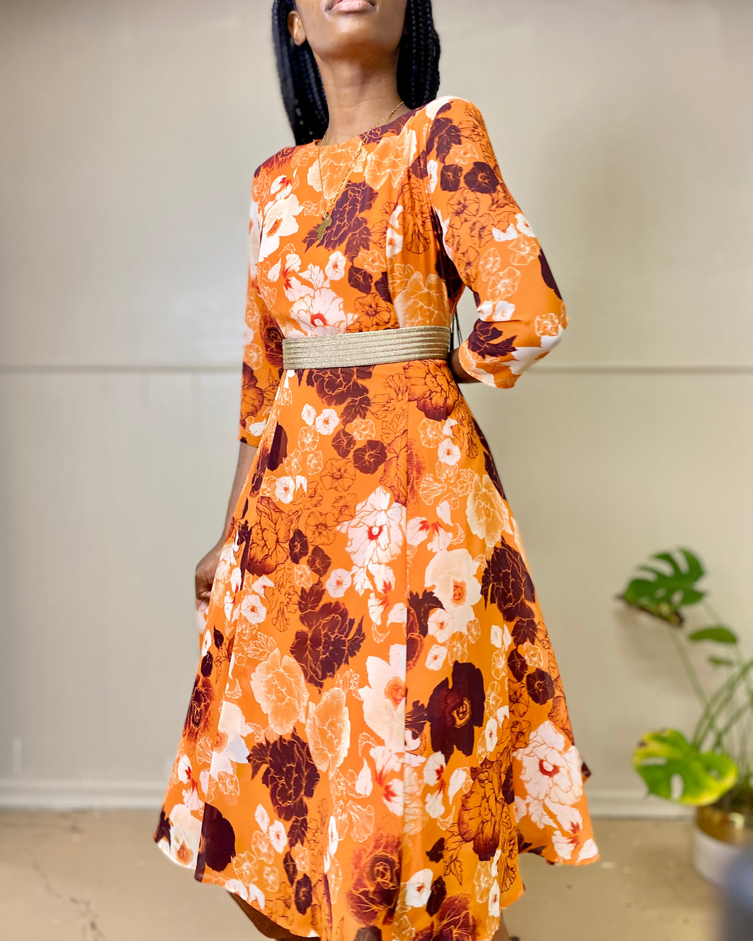 Orange Floral Fall Leafy Flowy Midi Dress (L)