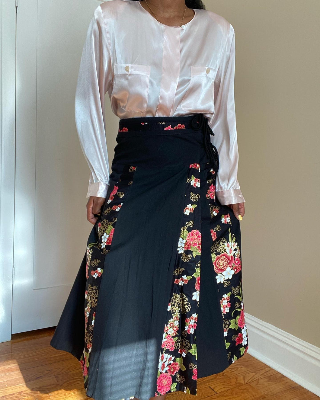Cotton Black Flora Wrap Skirt(M)