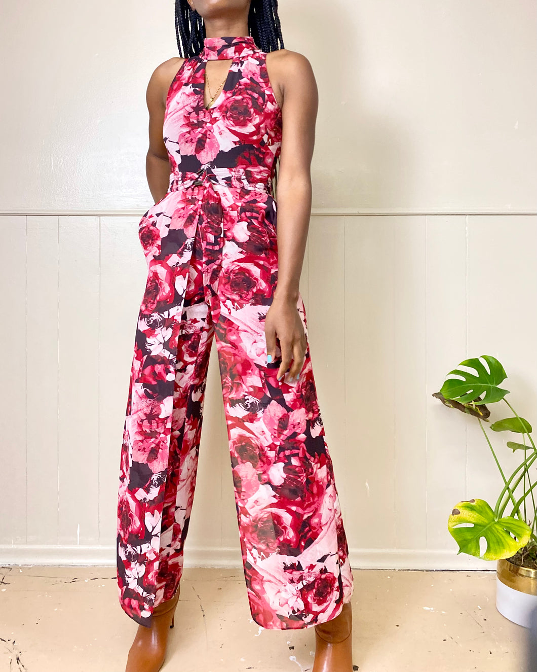 Red Floral Sleeveless Halter Jumpsuit (S)