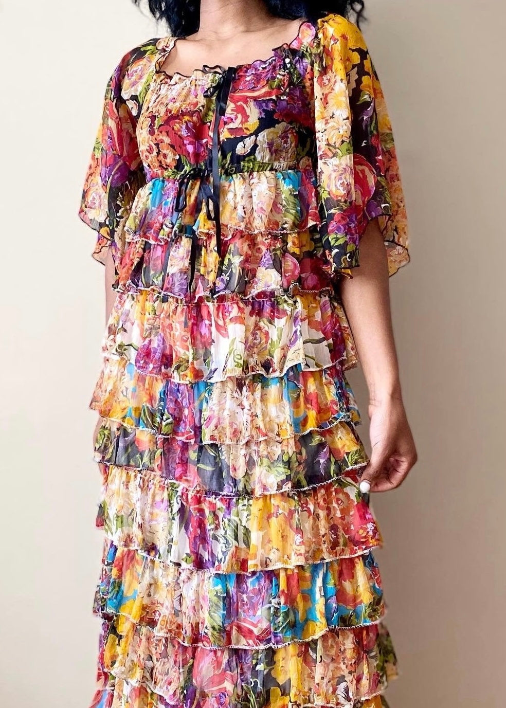 Multicolored Floral Off-shoulder Tiered Maxi Dress(S-L)