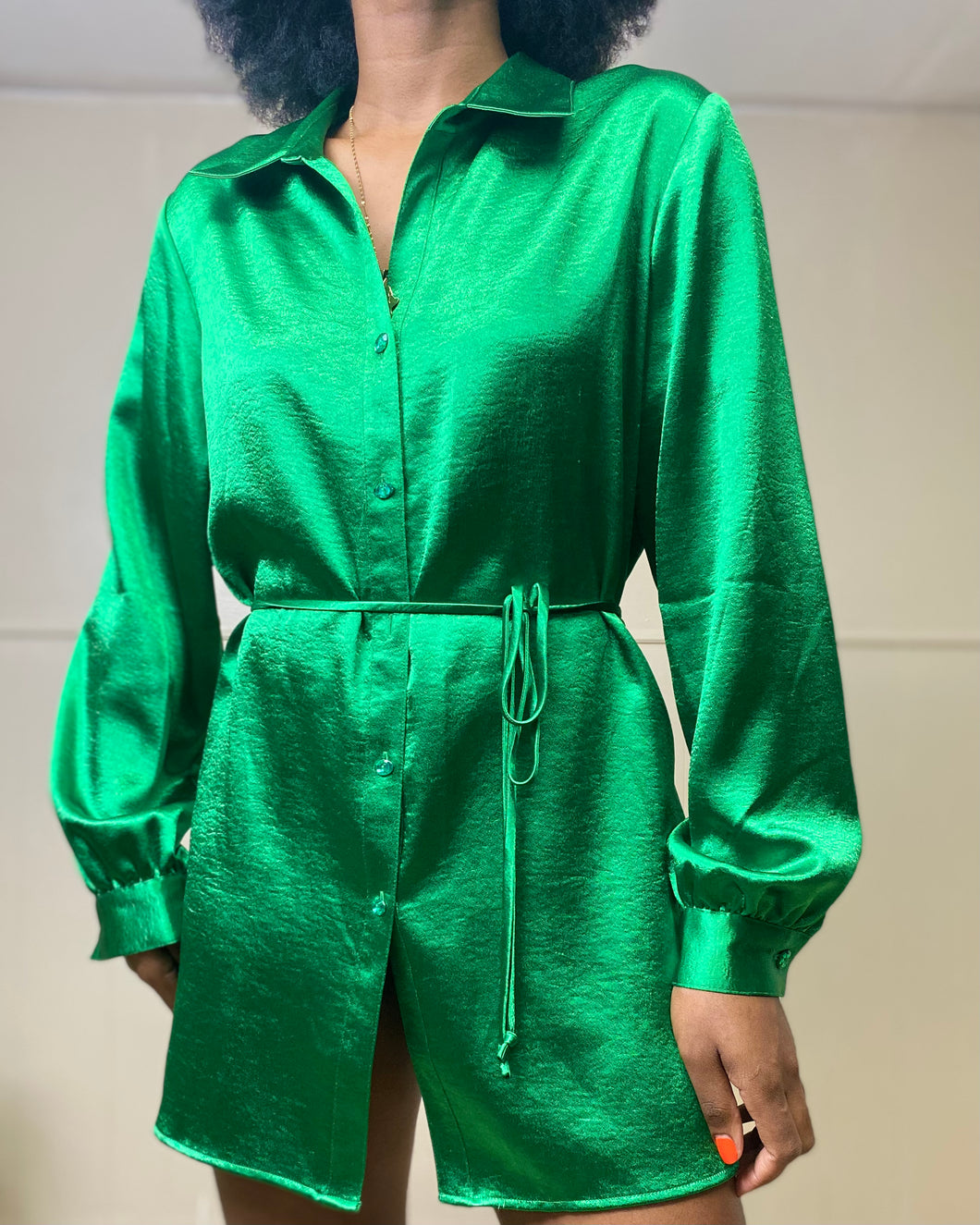 Green Long Sleeve Shimmery Satin Dress Shirt(L)