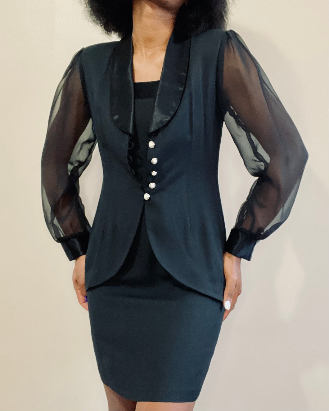 Vintage Noir Sheer Sleeve Blazer Dress Set