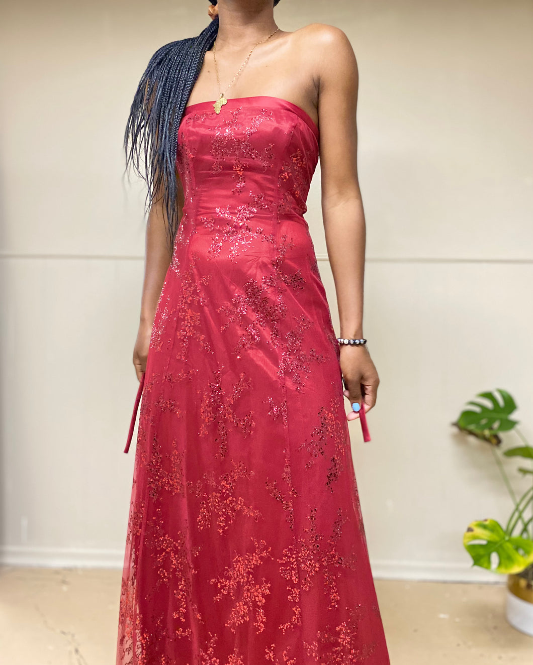 Vintage 90s Red Glittery Strapless Corset Maxi Dress(S)