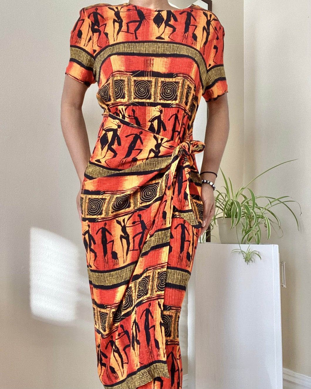 Vintage Orange Safari African Print Dress