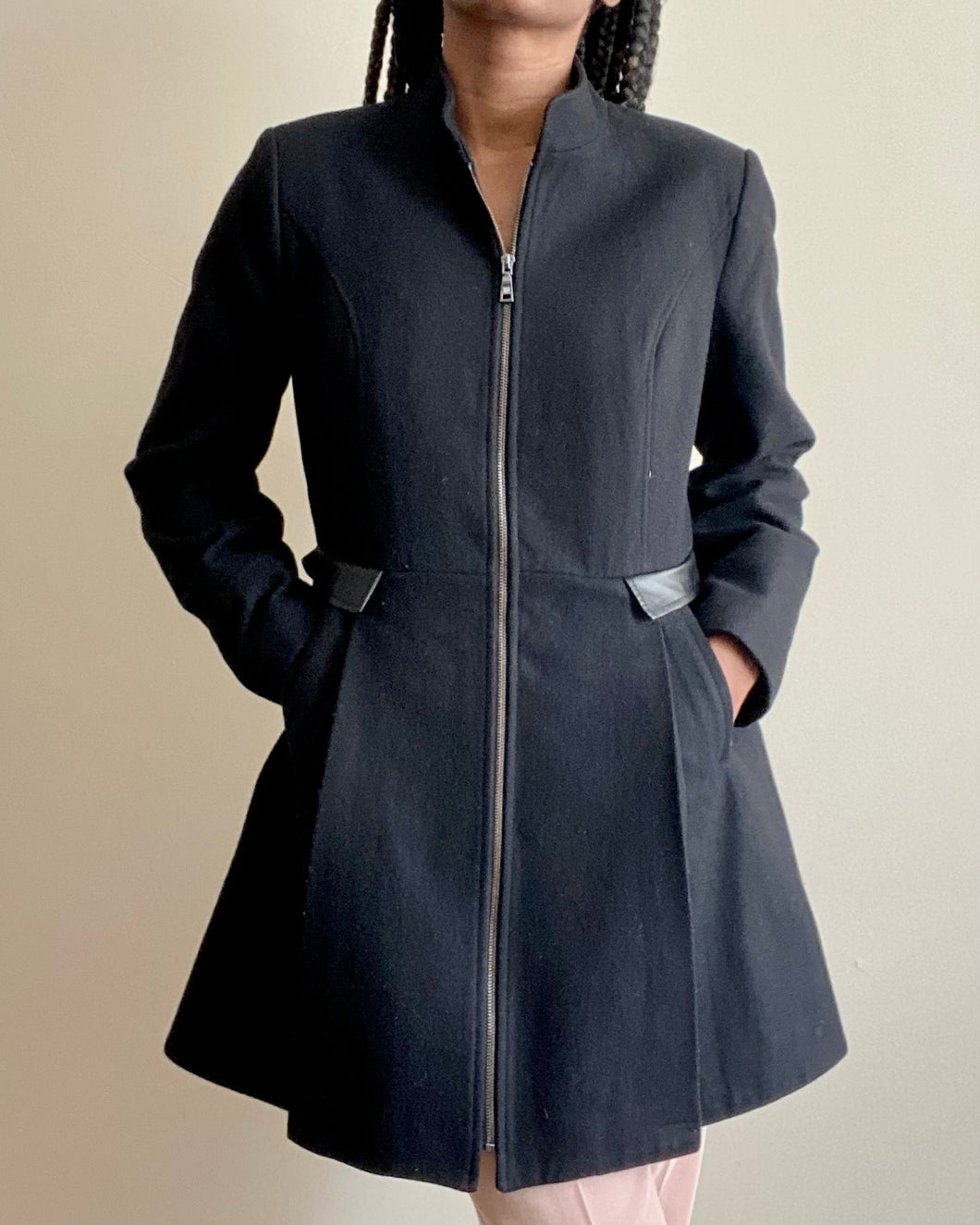 Wool Black Coat With Leather Trim (L)
