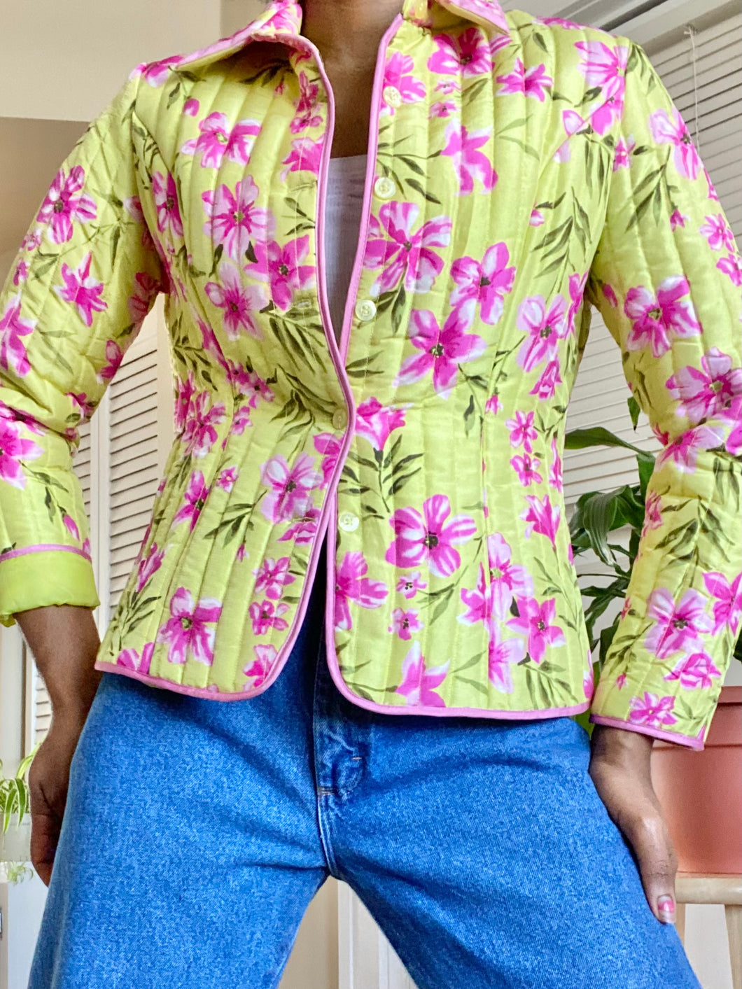 Quilted Neon Silk Floral Jacket