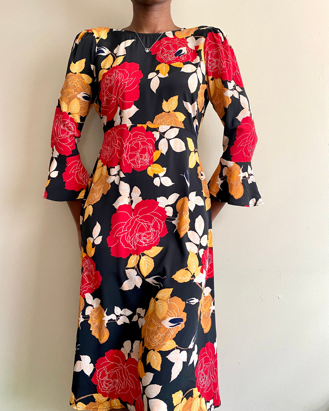 Floral Red Bell-Sleeve Dress