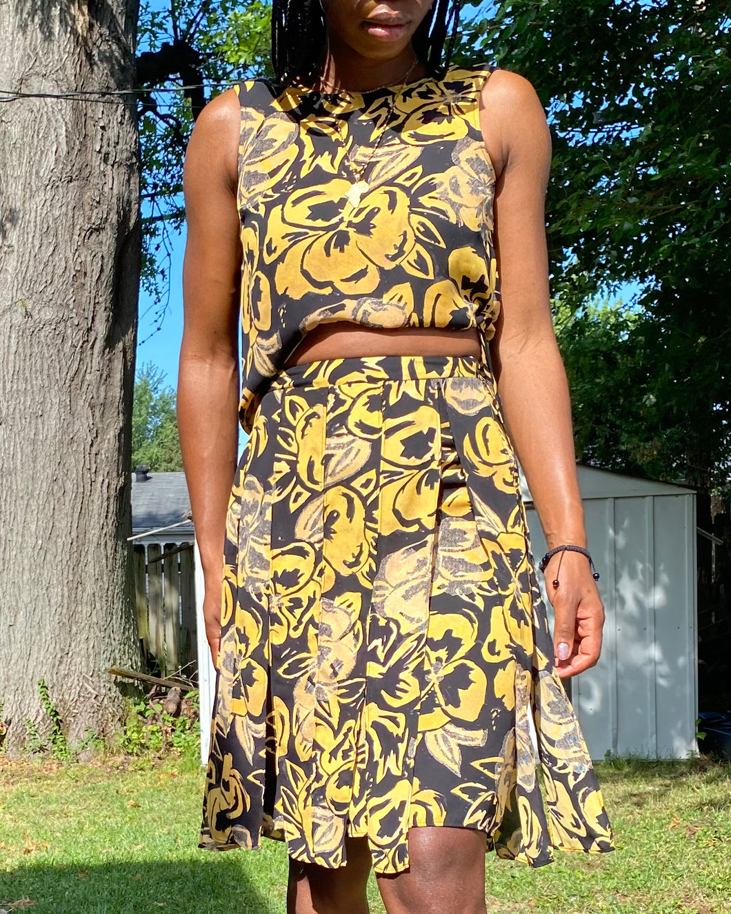 Yellow Floral Patterned Sleeveless Skirt Set
